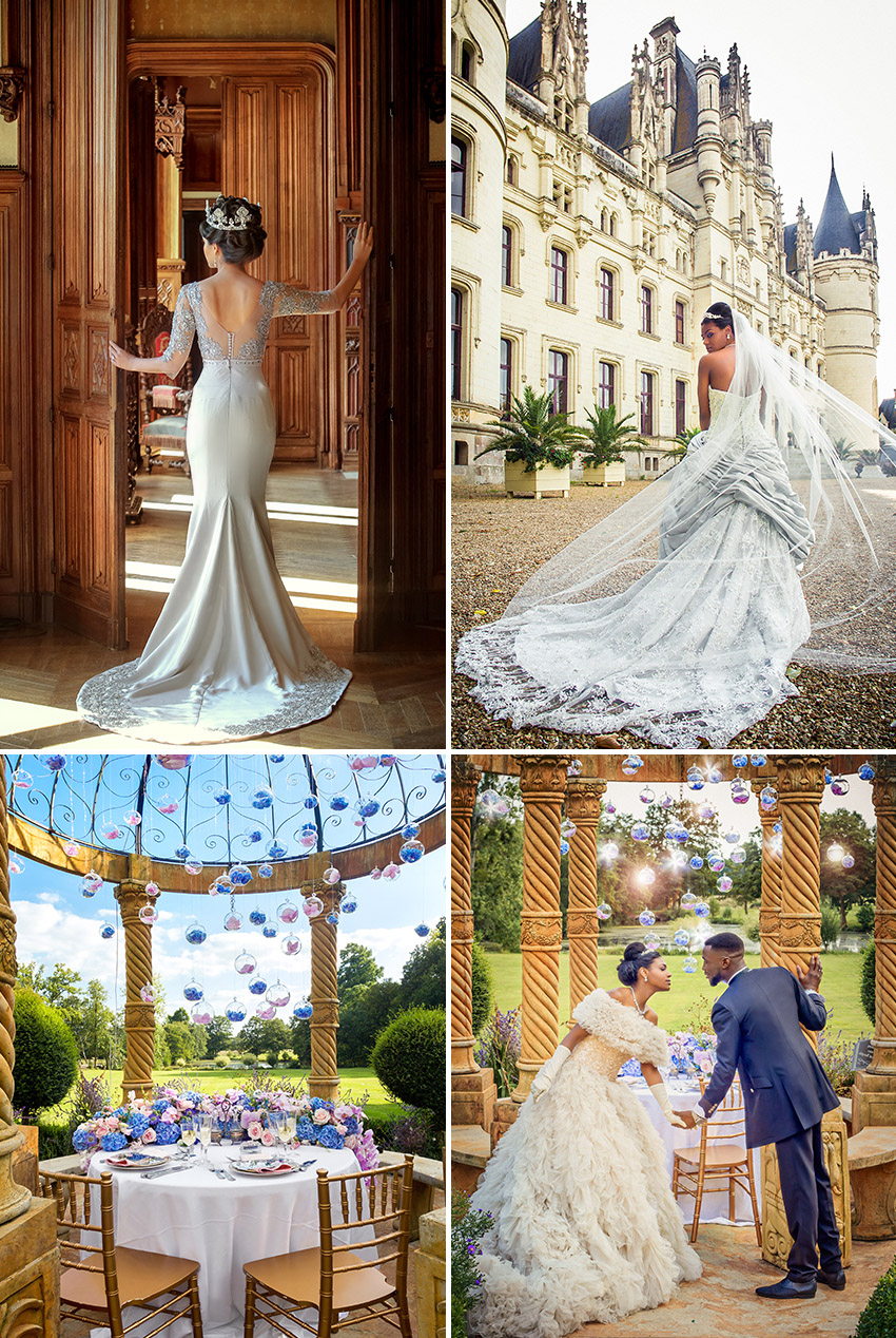 Four images with three different wedding dresses in front of the Chateau de Challain