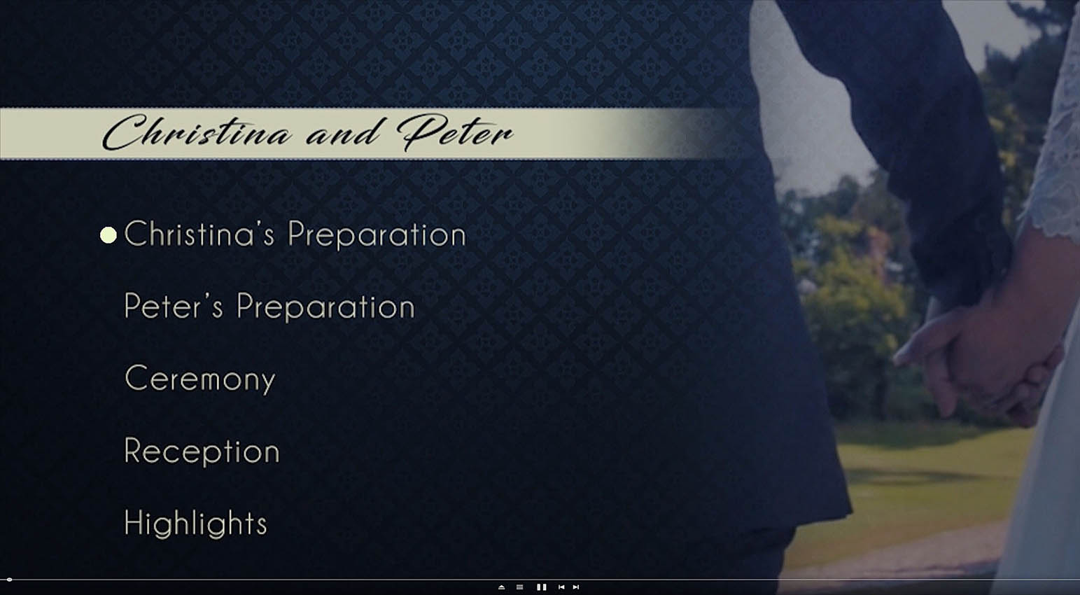 A BluRay menu sample of a wedding videography